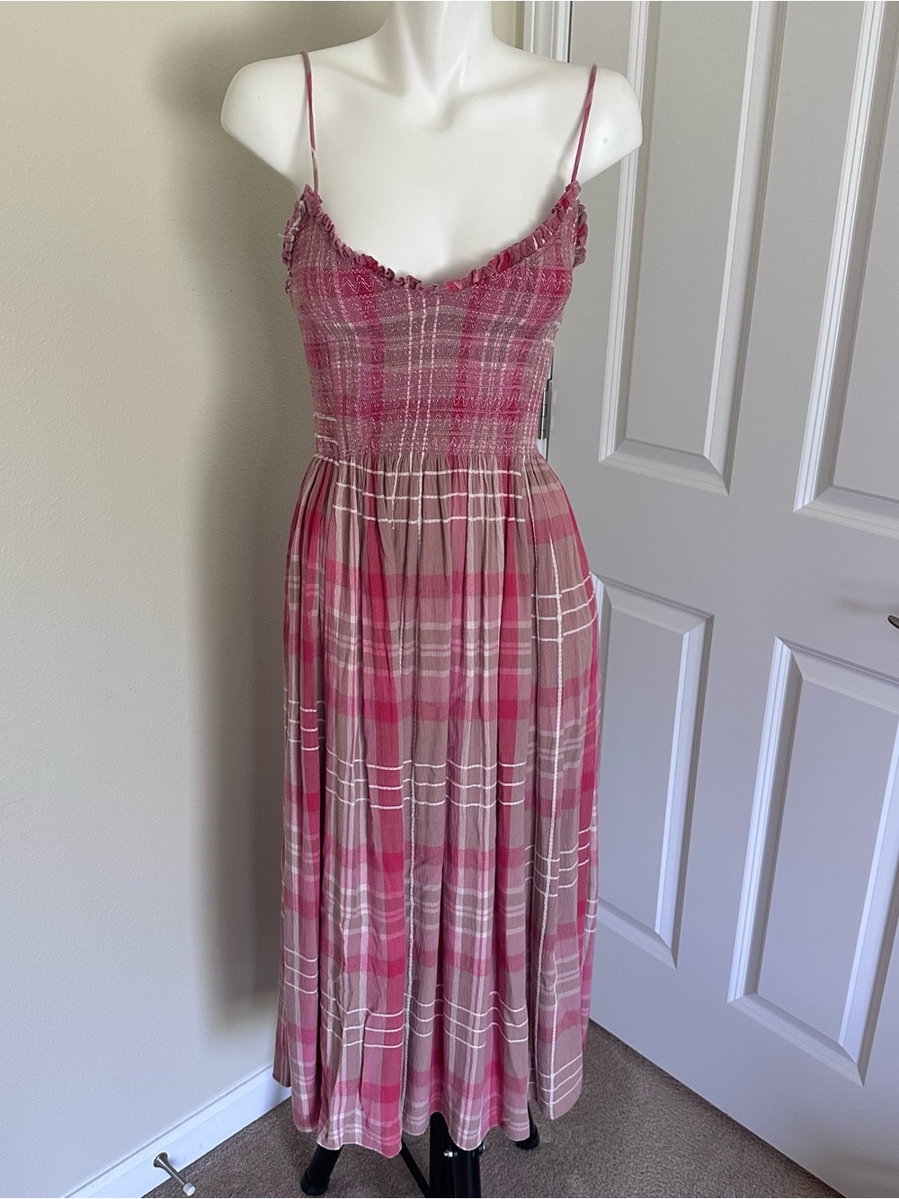 Free People Pink Plaid Smocked Midi Dress